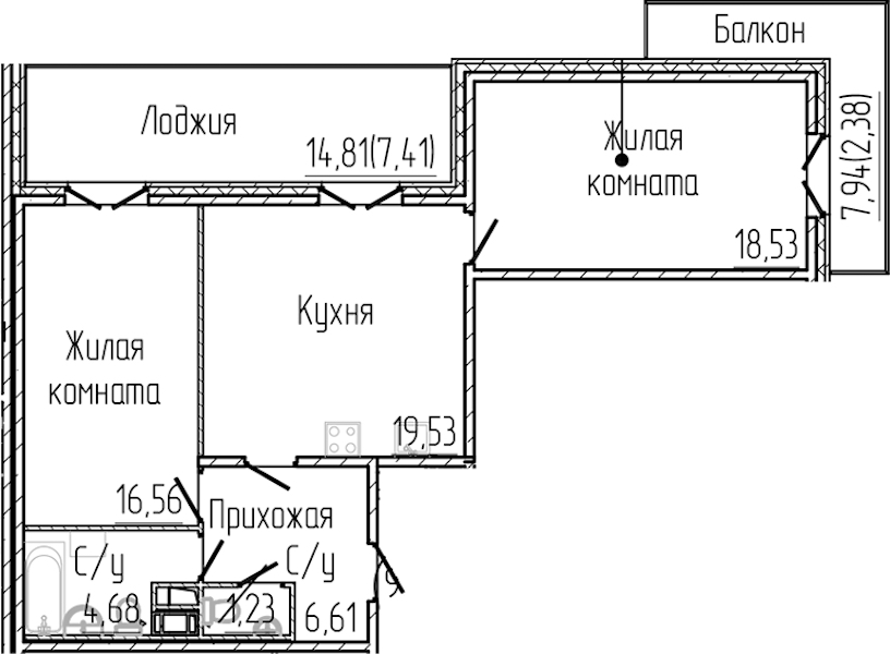 2-комнатная квартира 76.93 м², 3/8 эт., ЖК «SERTOLOVO PARK»